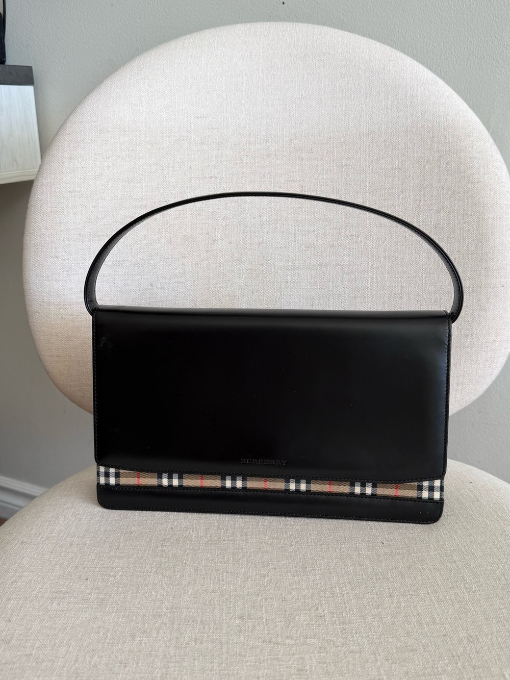 Authentic Burberry Black Leather Shoulder Bag with Signature Check Accent